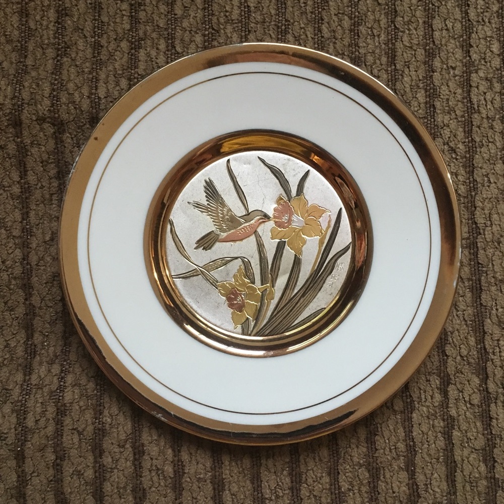 Vintage Chokin Etched copper Gilded Hummingbird Dish 6”